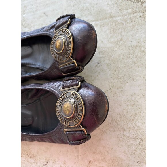 Burberry Womens Leather Ballet Flats With Gold Logo Buckle Brown Size 37 - Picture 6 of 11